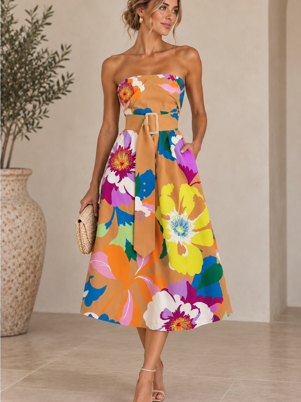 Strapless Floral Belted Midi Dress in Multi-Color